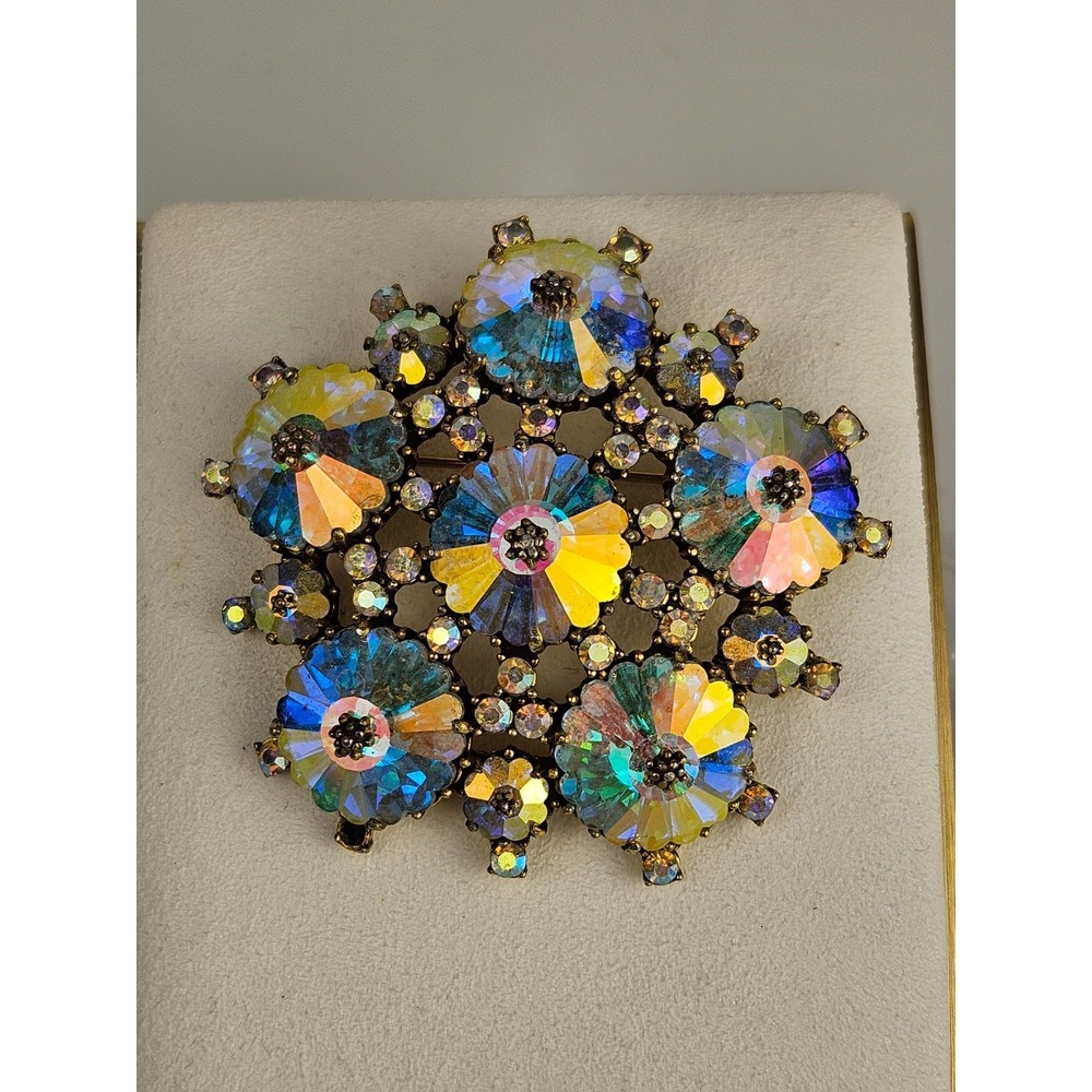 Vintage‎ WEISS Aurora Borealis AB Rivoli Floral Brooch *See Description*